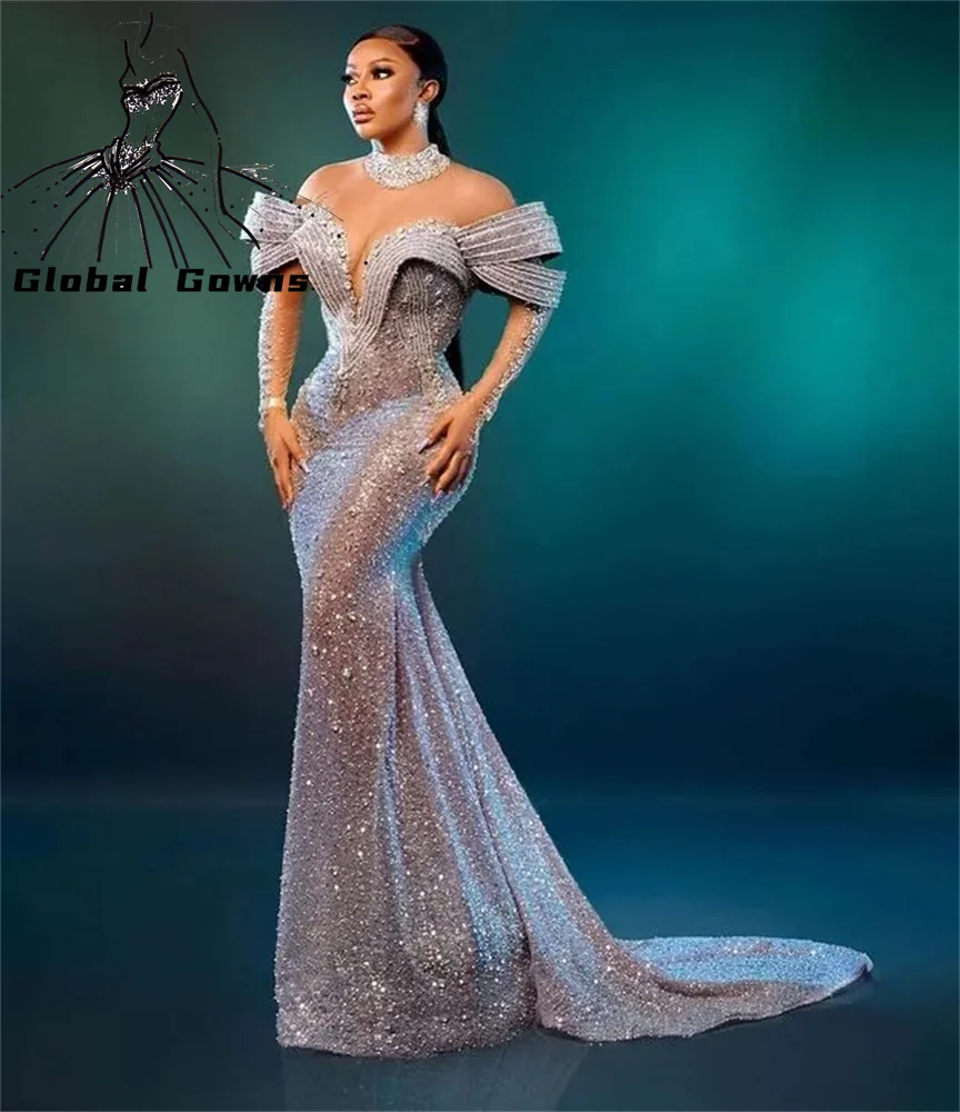 

Elegant O Neck Aso Ebi African Evening Dress For Black Girls Birthday Party Gown Beaded Crystal Pleats Mermaid Vestidos De Noche