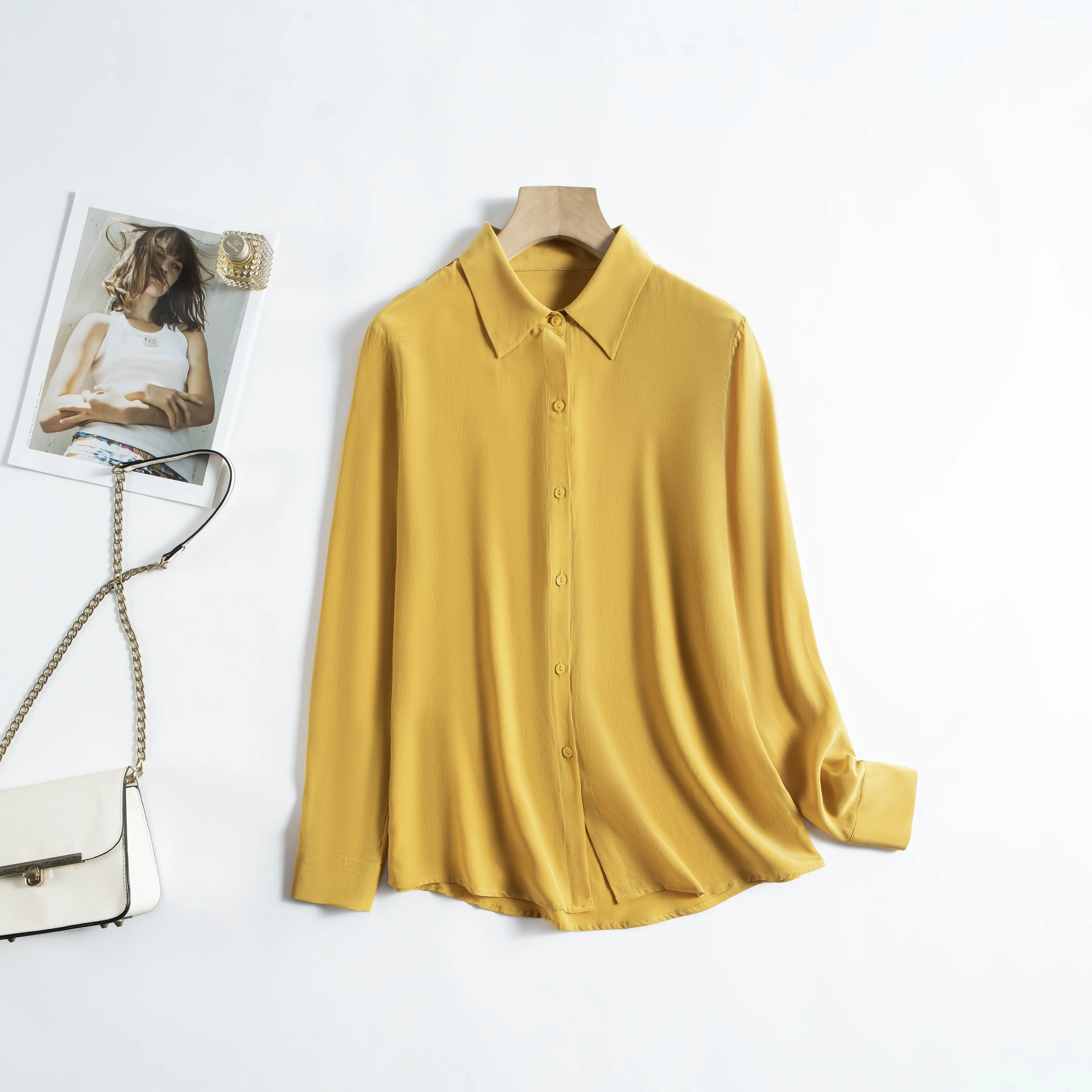 100% натуральный шелк тутового шелкопряда крепдешин отложной воротник желтый