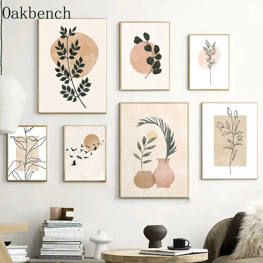 

Boho Wall Art Abstract Lines Wall Paintings Leaves Print Pictures Vase Art Prints Simplicity Wall Art Nordic Posters Home Decor