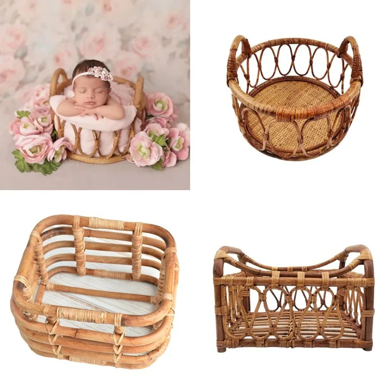 Newborn Photography Props Retro Rattan Basket Chair Infant Photo Recien Baby Girl Boy Posing Bed Background Photography Accessor