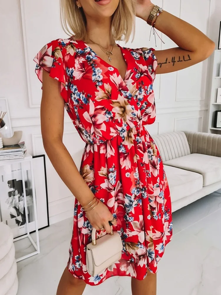 

Floral Print Short Sleeve V Neck Midi Summer Dress Women