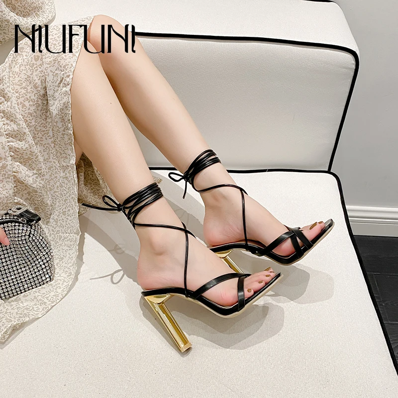 

NIUFUNI Clip Toes Ankle Strap Women's Sandals Stiletto Metal Plated Heel Gladiator Shoes Summer Hollow Narrowstrap Party Shoes