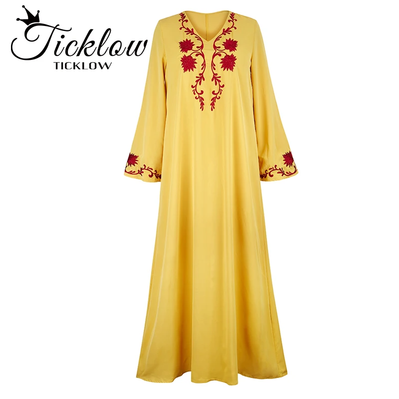 

2022 Fashion Summer V-Neck Dress Embroidered Pattern 4/3 Long Sleeve Pleated Skirt Beach Arabian Yellow Long Dress Robe Party