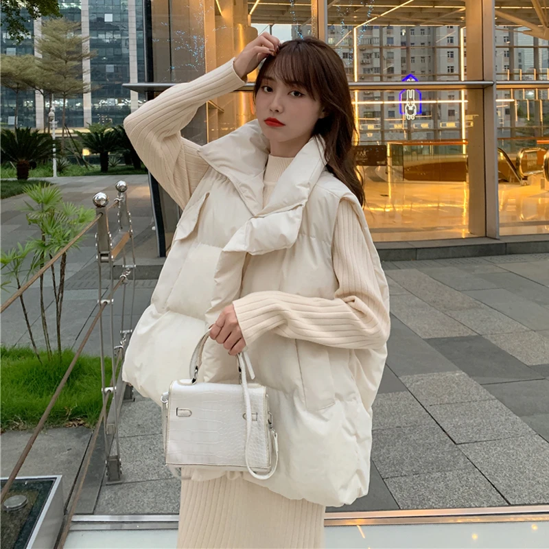 

Down Cotton Vest Women Loose Solid Sleeveless Jacket Coat Female Black White Warm Vests Autumn Lightweight Waistcoat 2023 Winter