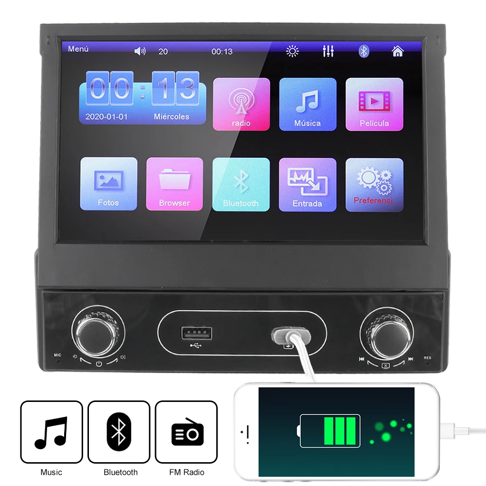 

1 Din Mirror Link 7 Inch Bluetooth FM Receiver Retractable Screen Car Radio Multimedia Player AUX Input Autoradio 2-USB Port