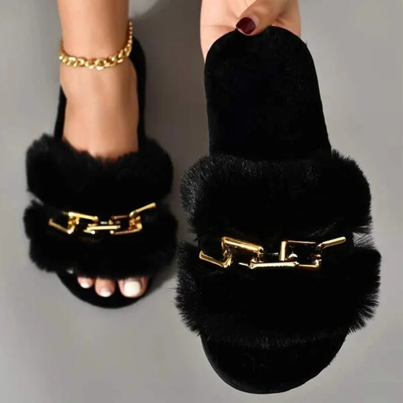 

Fashion Chain Design Women Home Slippers Sid Cor Open Toe Indoor 2023 Winter Flat Non-slip Leisure Interior Female Shoes