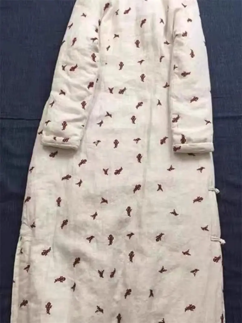 Пальто в национальном стиле ретро с пряжкой бежевое хлопковое зимнее длинное