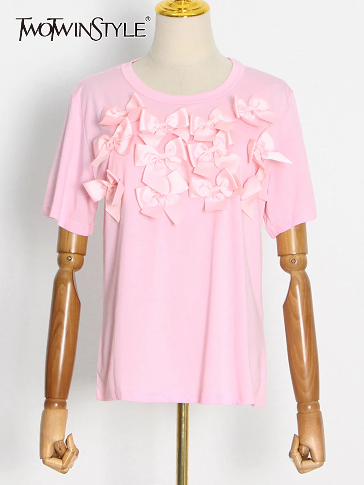 

TWOTWINSTYLE Korean Style Solid T Shirt For Women Round Neck Short Sleeve Patchwork Bowknot T Shirts Female 2022 Summer Clothing