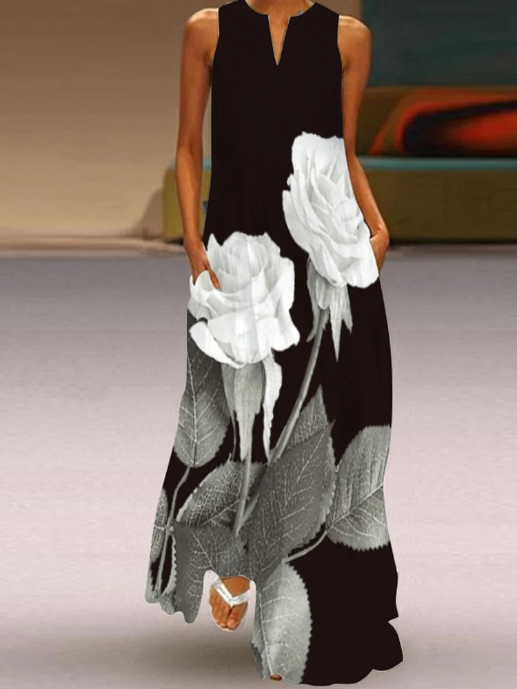 

Женское платье без рукавов, с цветочным принтом и V-образным вырезом