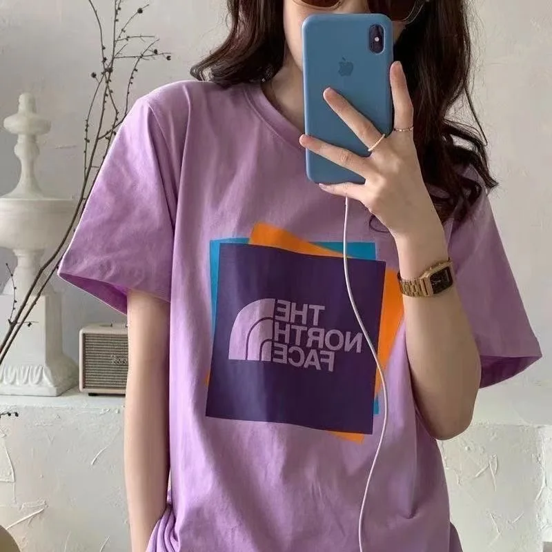 

New all-match purple overlapping T-shirt cotton short-sleeved men's and women's same style round neck student sports loose top
