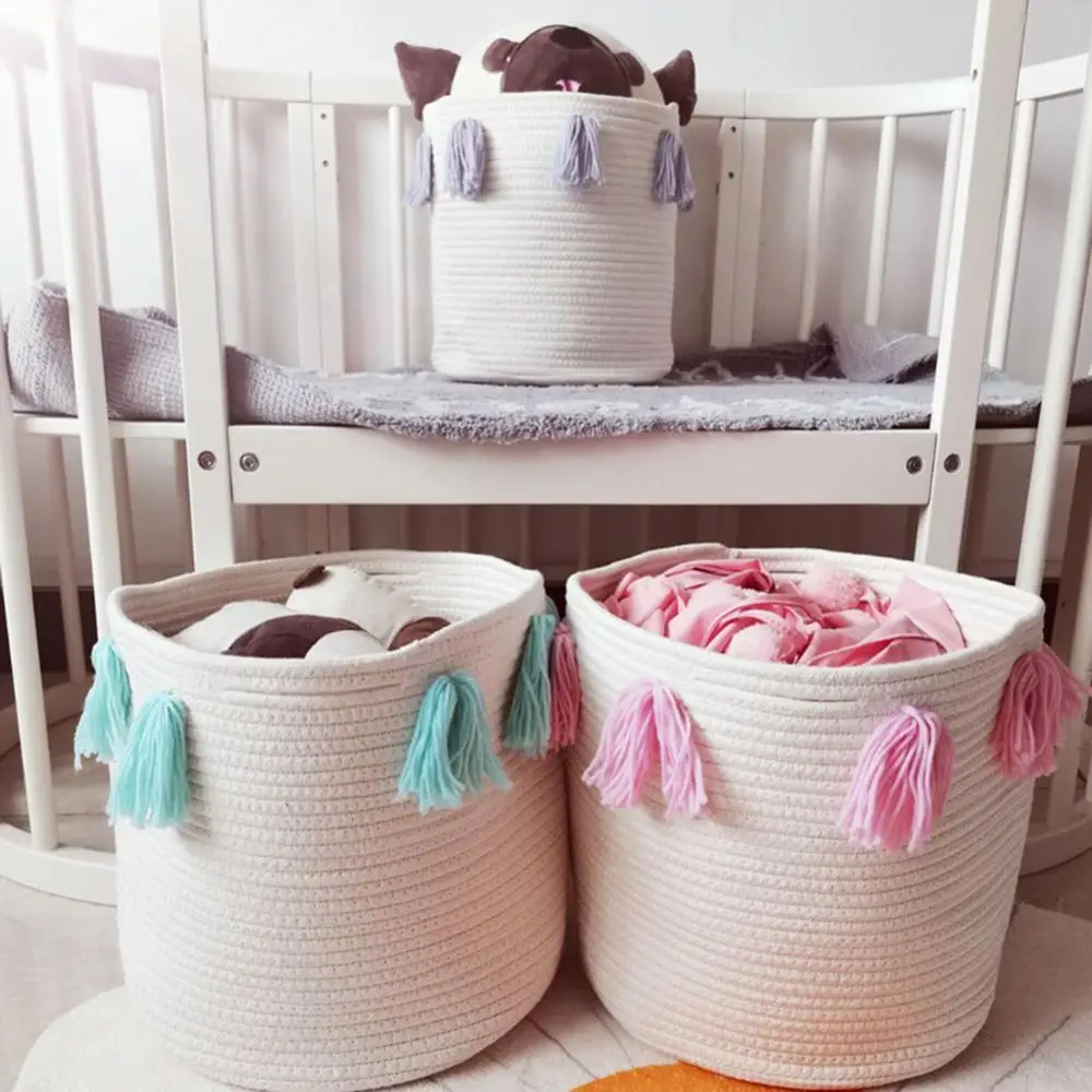 

Storage Baskets Cotton Knitted Rope Tassel Home Storage Basket Photo Decor Toy Holder Organizer Home Storage Organization