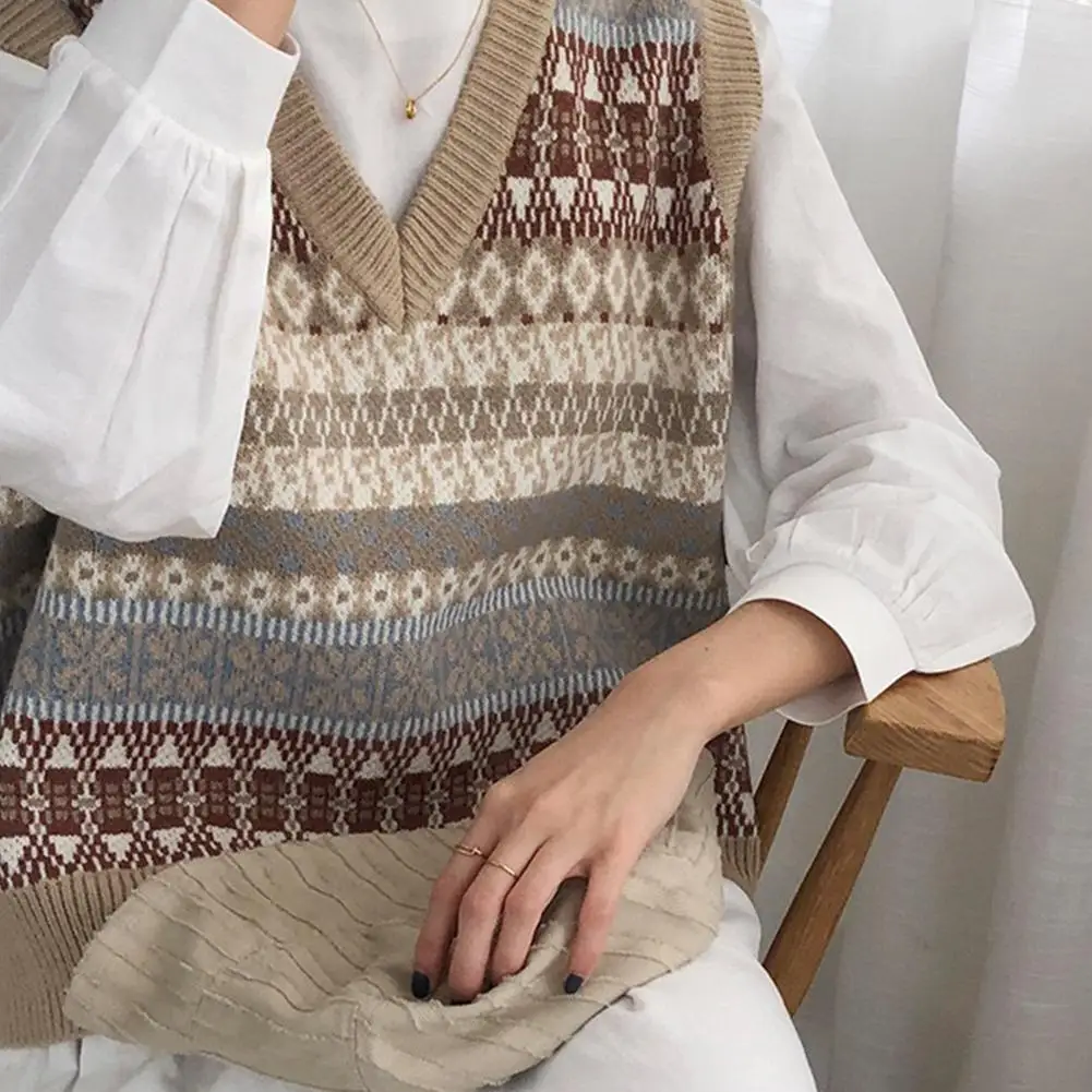 

Spring Autumn Sweater Knitted Vest Women Sleeveless Oversized Casual Style Preppy Girls Tops Sweater Female V-neck Pul T8u2