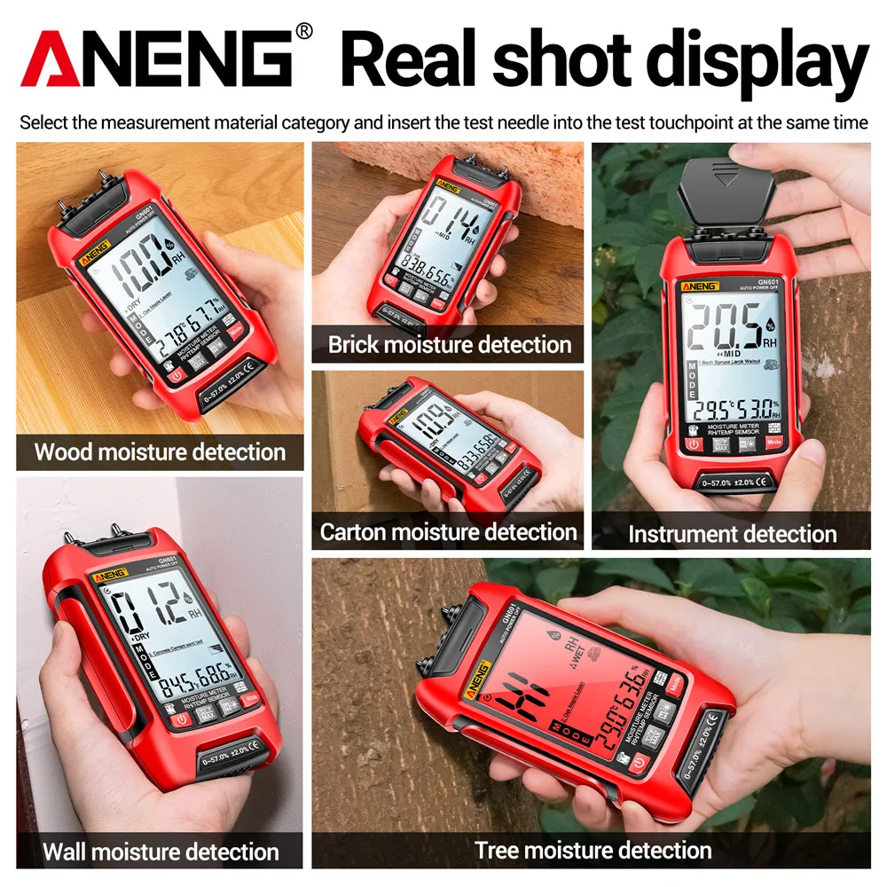 Фото Цифровой измеритель влажности древесины ANENG GN601 с подсветкой, датчик температуры и влажности, гигрометр для древесины 0~99.9%, 20.5% относительной влажности, с дисплеем №1