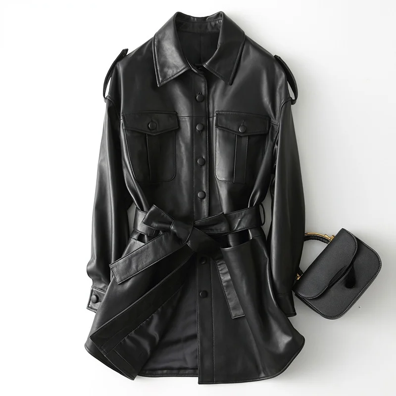 

Autumn Women's Genuine Leather Jacket Fashion Real Sheepskin Leather Coat Female Mid-long Black Jackets Belted Veste Cuir Femme
