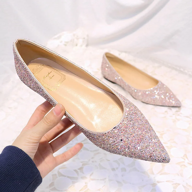 2022 Flat Shoes Women Pointed Single Shoes Latex Insole High Quality Casual Shoes Fashion Bling Wedding Shoe