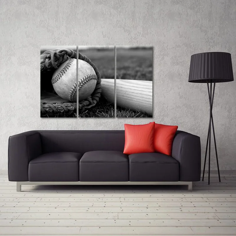 Бейсбольные и перчатки 3 шт. плакаты декор для комнаты черно-белый Принт холст