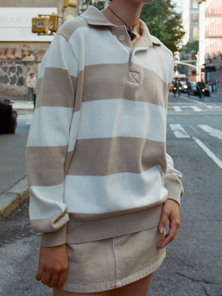 

Khaki Striped Knitted Sweater Women Autumn Turn Down Collar Button Casual Loose Pullover Tops Harajuku Vintage Cotton Sweaters