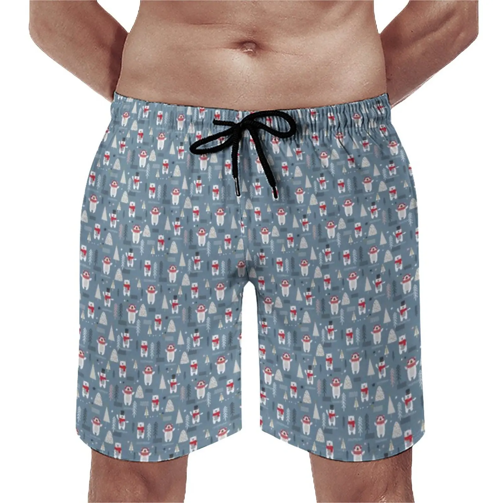 

Summer Board Shorts Nordic Animal Sports Christmas Trees and Polar Bears Pattern Beach Shorts Cute Comfortable Swim Trunks