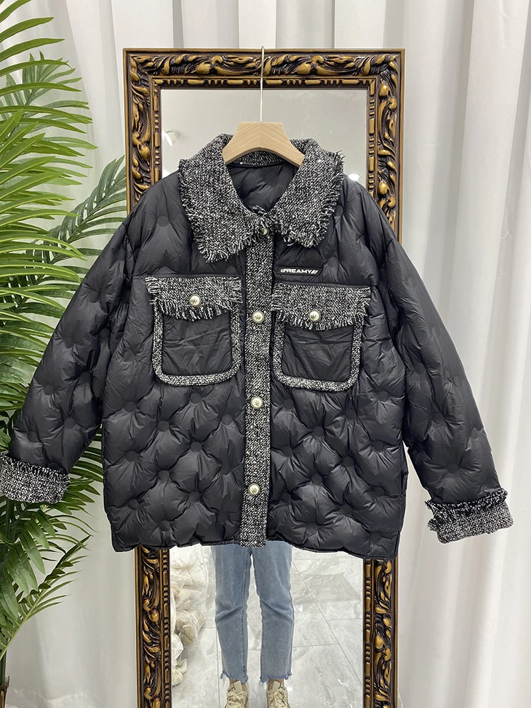 

Зимние женские пальто, модные легкие твидовые Короткие пуховики на белом утином пуху, женские куртки, черная Повседневная Дамская верхняя о...