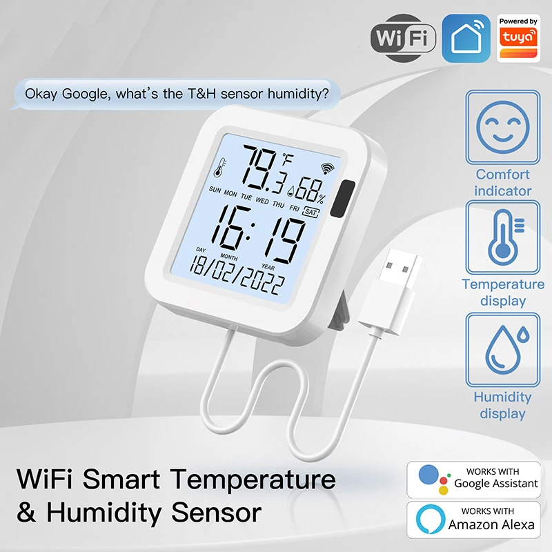 

WiFi Temperature & Humidity Sensor LCD Screen Infrared Sensing Backlight Smart Tuya APP Remote Control Alexa Google Voice