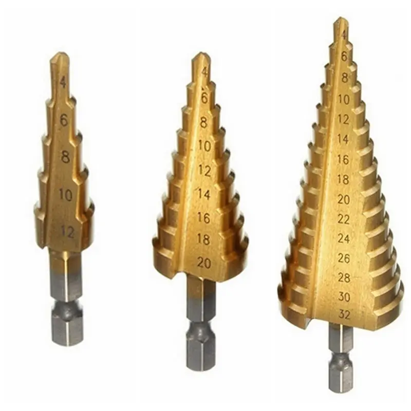 

3Pcs/set Professional HSS Steel Large Step Cone Titanium Coated Metal Drill Bit Cut Tool Set Hole Cutter 4-12/20/32mm