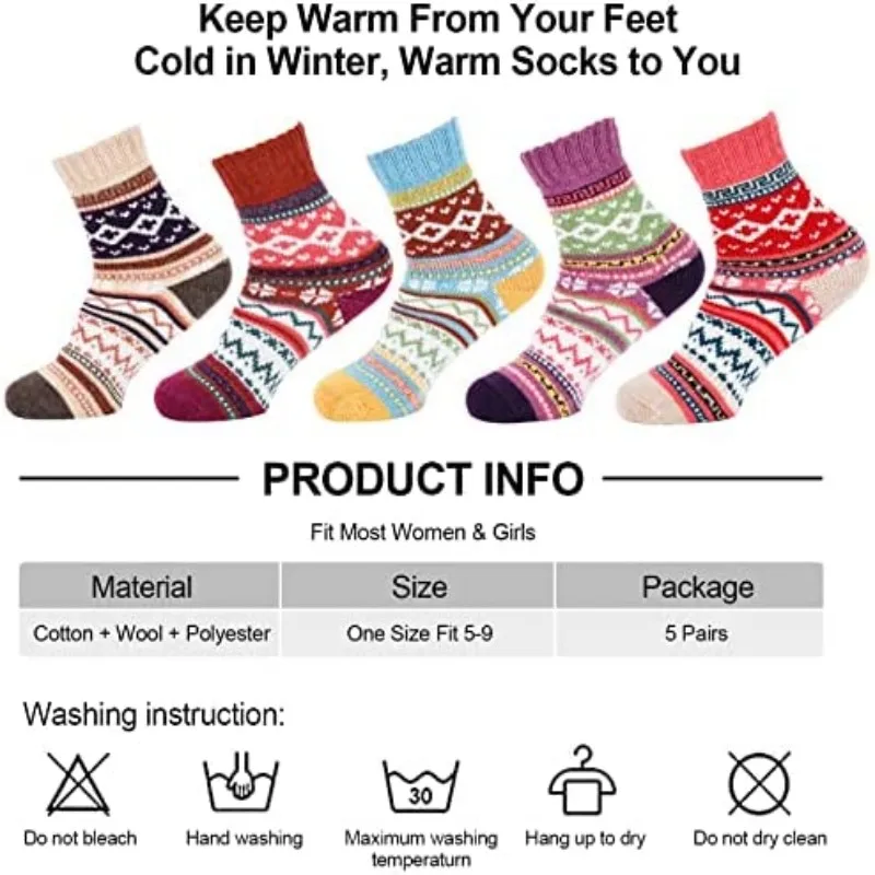 5Pair Winter Thermal Socks Warm Men Socks Soft Wool Socks Gift for Women Retro Casual Boot Cozy Crew kawaii Socks Chinese Hosier