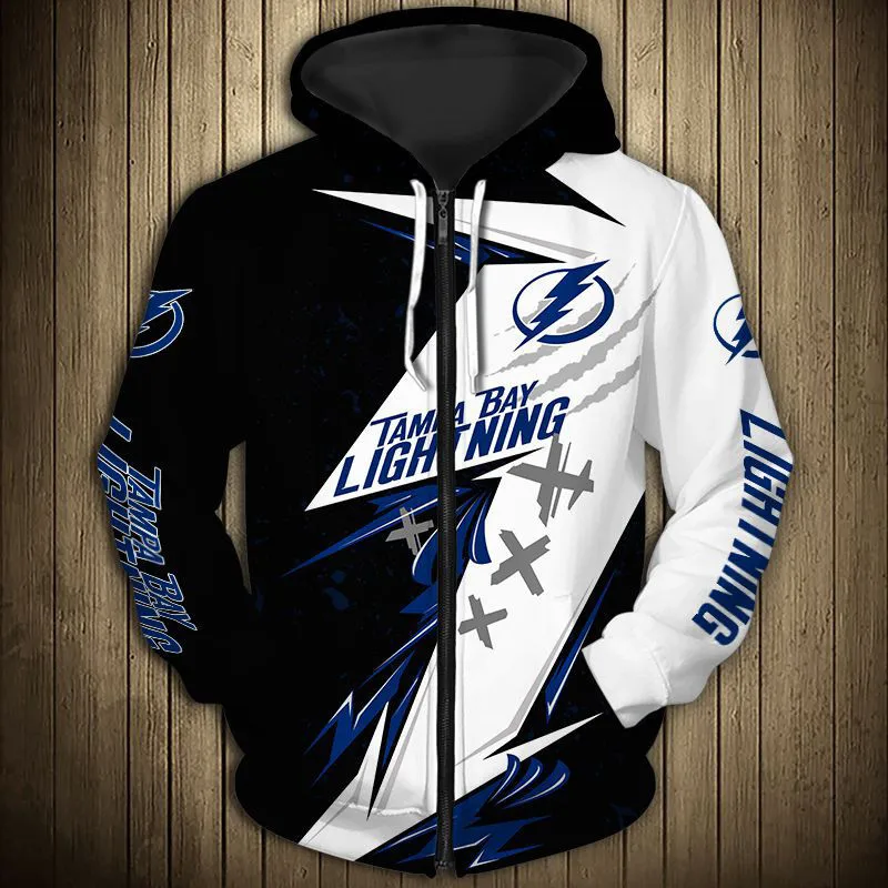 Tampa Bay men's Casual 3D Zipper Hoodie Geometric Pattern Stitching Blue Lightning Print Lightning Sweatshirt