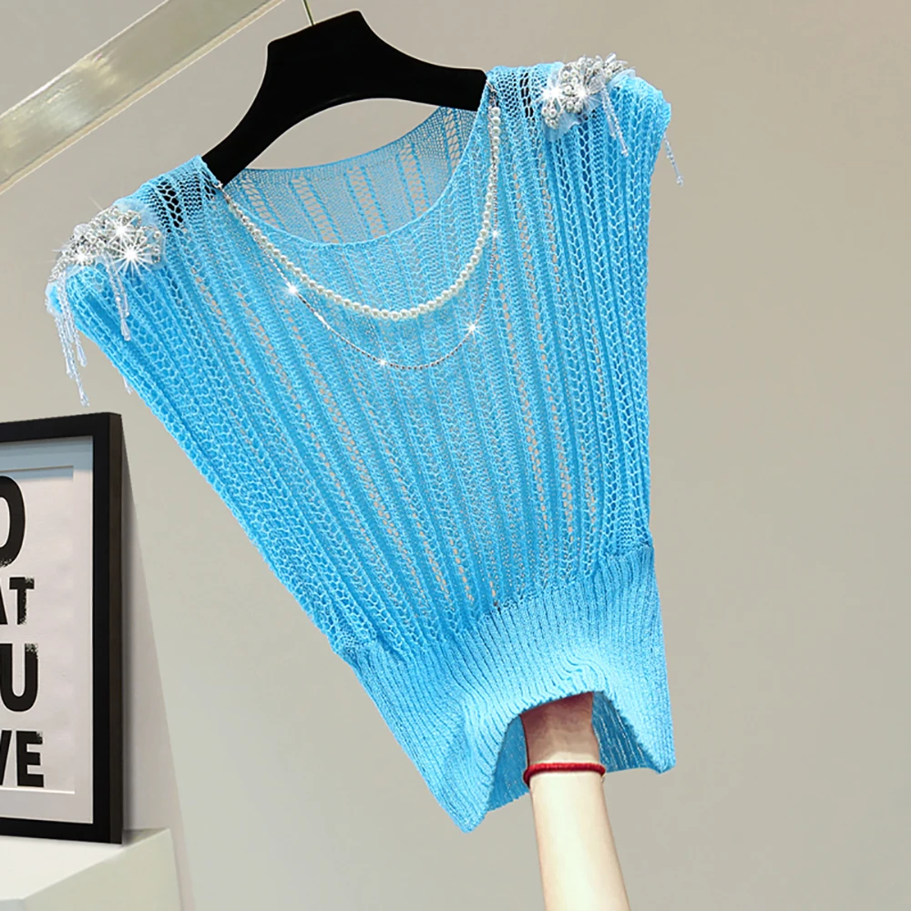 

Summer Thin Elegant Sexy Beading Diamond Chain Crop Top women Fashion Casual Slim Sleeveless O-Neck Female Short Tank Tops