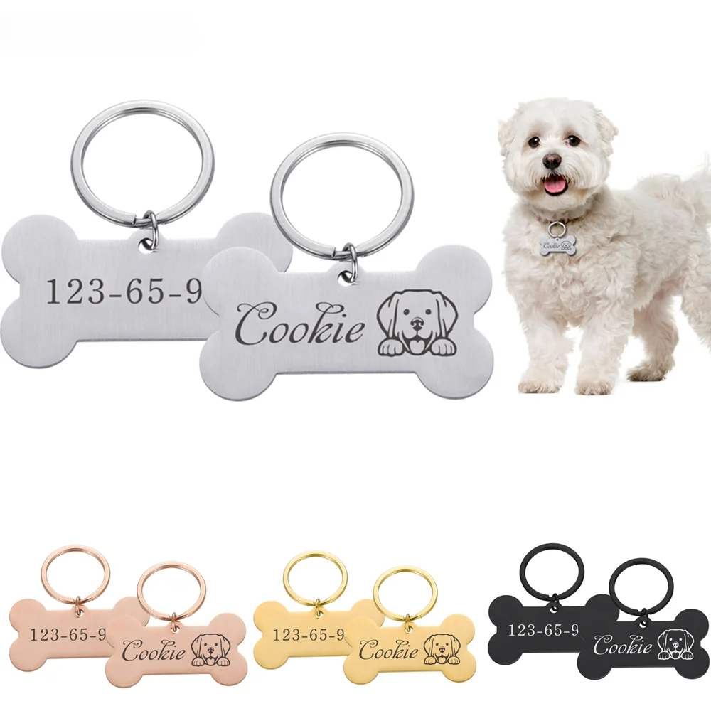 Custom Name Anti-lost ID Tag Engraved Record Tel Name Cat Puppy Personalized Bone Medal Pendant Dog Pet Collar Accessory