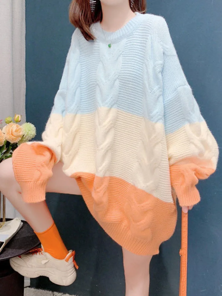 

Женский вязаный свитер в стиле пэчворк, повседневный Свободный пуловер в Корейском стиле, Осень-зима 2023