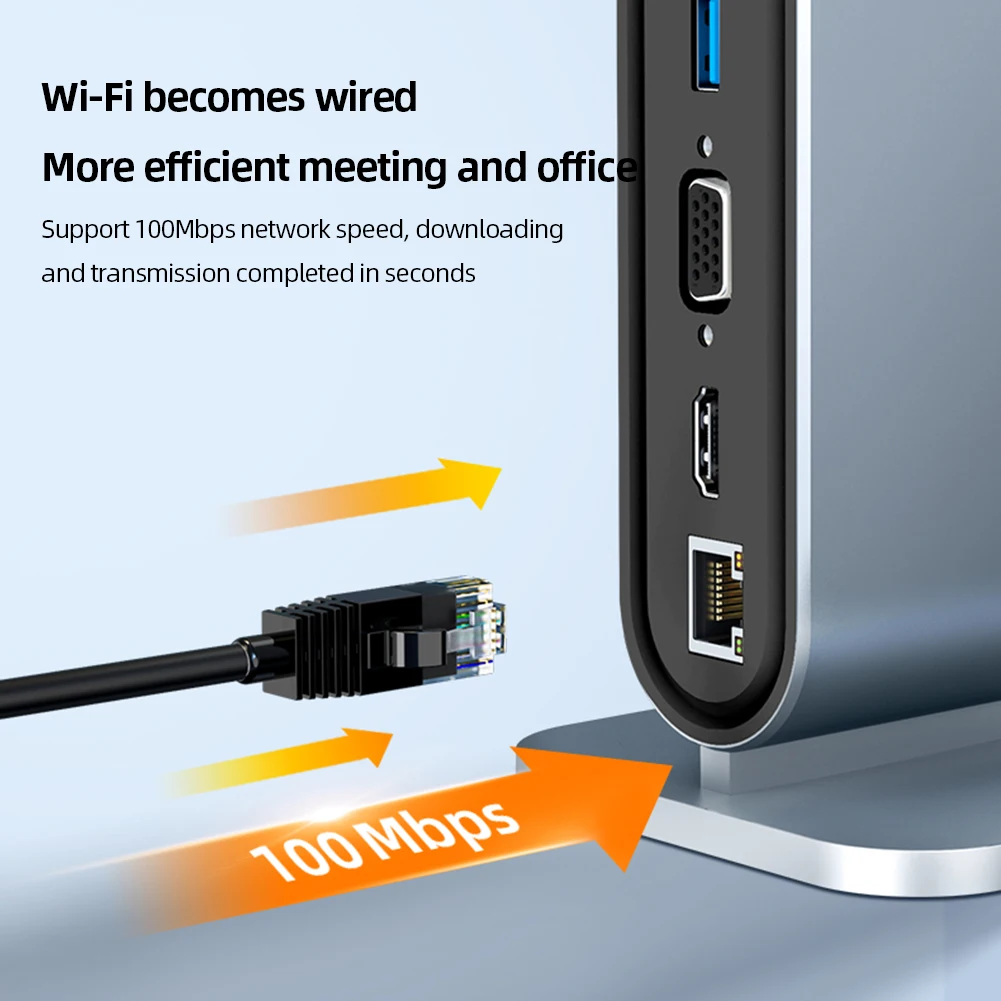 Фото Вертикальная док-станция 12-в-1, USB-концентратор типа C, разветвитель HDMI 4K30 Гц/LAN 100M/USB3.0, 5 Гбит/с/VGA 1080P/PD100W для ноутбука MacBook №2