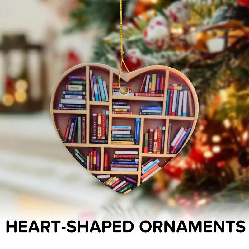 2D Planes Book Lovers Heart Shaped Bookshelf Christmas Pendant Halloween Ornament Hanging Door Window Xmas Tree Noel Decorations