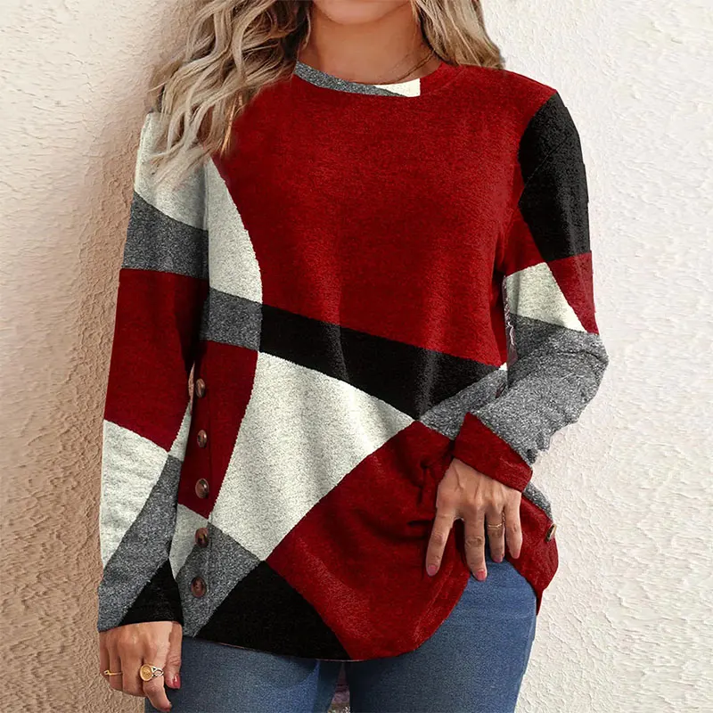 

Женская свободная футболка с длинным рукавом, элегантная повседневная футболка на пуговицах с геометрическим рисунком контраста, Одежда большого размера для осени