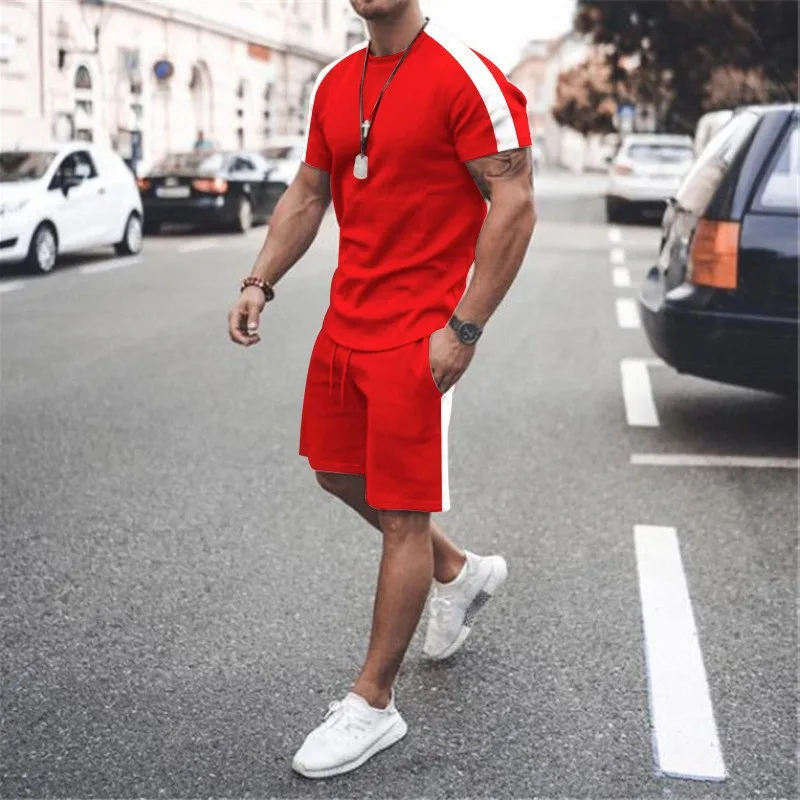 Men's t-shirts New Leisure Suit Youth Trendy Fashion Colorblock round Neck T-shirt and Shorts Two-Piece Suit for Men