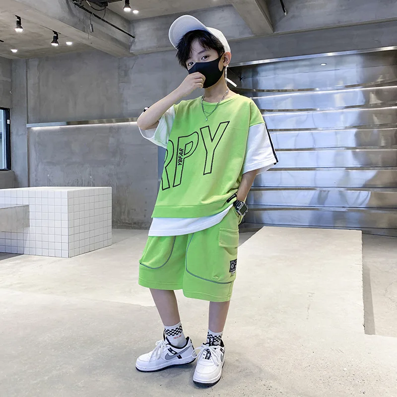 

Teen Boys Summer Clothing Sets Black Green Short Sleeve T-shirt & Shorts 2Pcs New Kids Casual Sport Outfits 4 6 8 10 12 14 Years