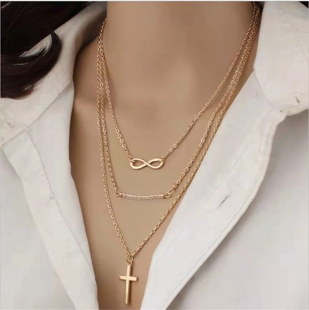 

Exaggerated fashion temperament multilayer metal 8-shaped clavicle chain rice bead versatile Necklace women's gift