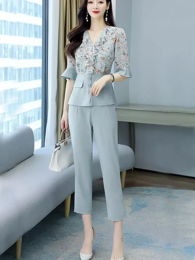 

2 Piece Set 2022 Summer Slim Floral Patchwork Blouse Trousers Suit Pants Outfit Female Office Clothes