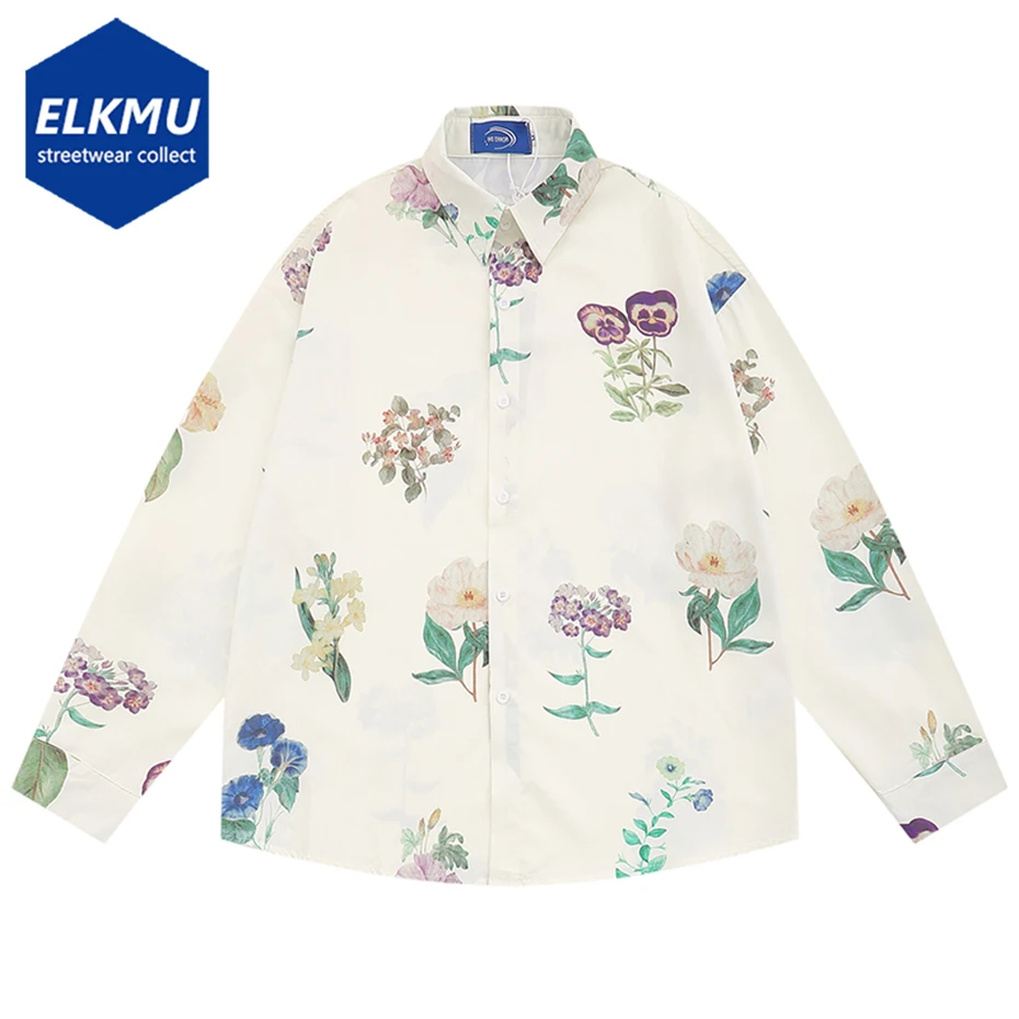 

Flower Printed Shirts Vintage Loose Long Sleeve Button Up Blouse Men Harajuku Hip Hop Streetwear Y2K Shirts Tops