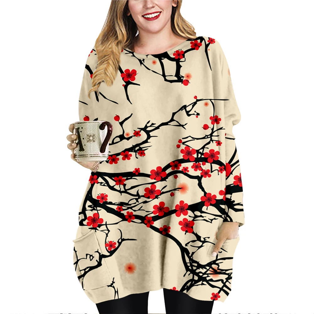 

Spring Fall Women Mini Dresses Loose O-neck Long Sleeve T-shirt Plum Bossom Printing Dress Ladies Dress Tops Plus Size