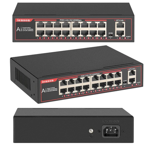 IENRON POE 18-портовый гигабитный коммутатор 100mbps POE + 1000mbps Uplinks 802,3 af/at Network Ethernet для ip-камеры/беспроводной AP/NRV