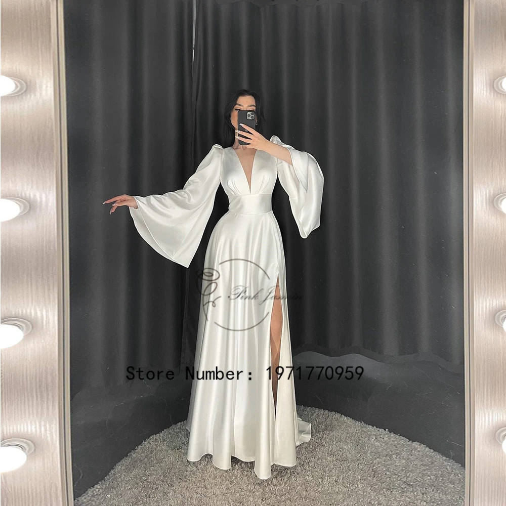 

Simple V Neck White Wedding Dresses For Women 2023 New Summer Sexy Fashion Fulll Sleeves A Line Length Floor Robe De Mariée