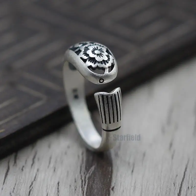 

S925 Sterling Silver Jewelry Thai Silver Retro Fish Shape Hollow Peony Flower Ring Open Adjustable Ring