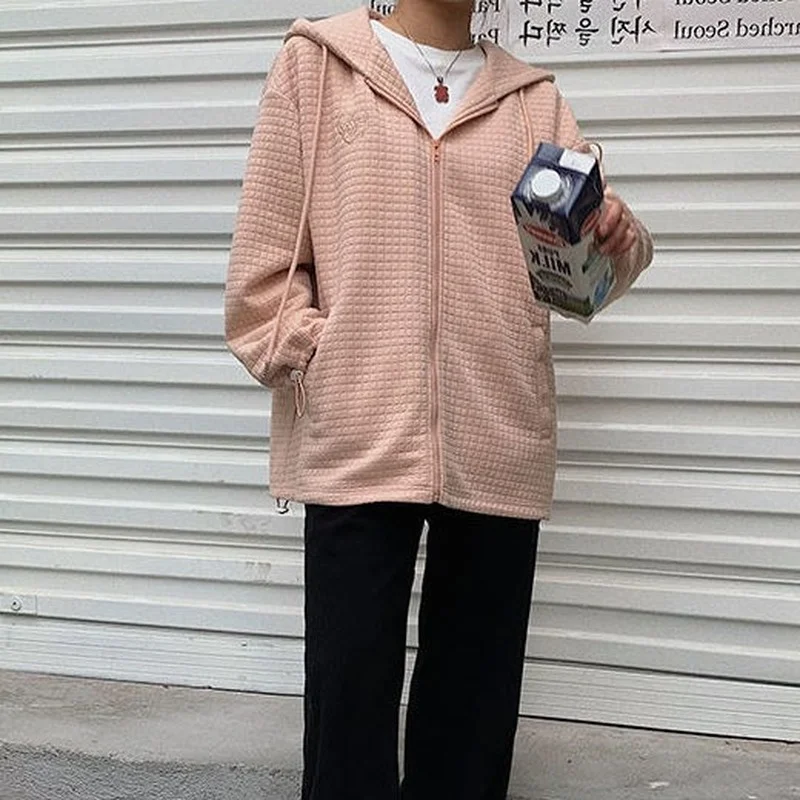 

Preppy Style Solid Colors Small Plaid Hooded Sweatshirt Women Zip Up Pocket Loose Casual Hoodies Spring Autumn Leisure Cardigans