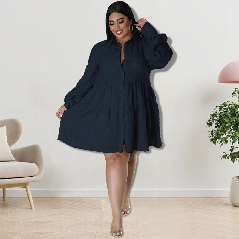 Large Size Female Shirt Dresses 2023 Fashion Print Long Sleeve Shirt Pleated Lapel Elegant Mini Dress Plus Size Women's Clothing