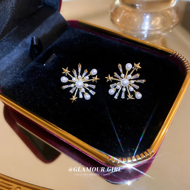 

Real Gold Plating Silver Needle Zircon Pearl Flower Star Fireworks Earrings Korean Design Temperament
