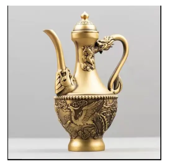 

Brass relief tall dragon and phoenix pot eight immortals wine pot antique wine pot kettle Double Dragon handle pot decoration an