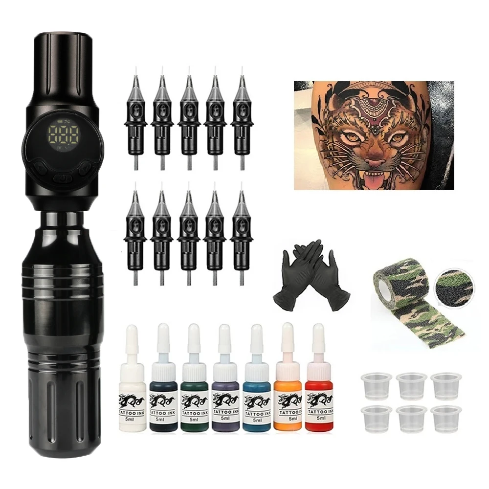 Professional Tattoo Machine Kit Complete Rotary Tattoo Pen Set Mini Portable Battery Power Supply With 10pcs Cartridge Needles