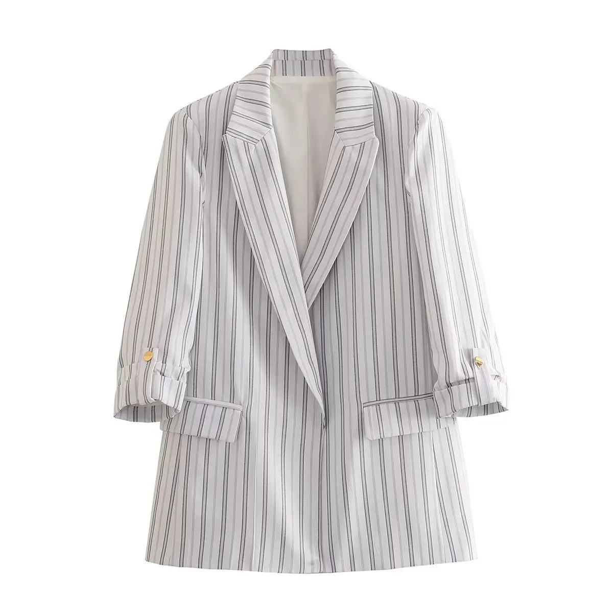 Elmsk Fashion Office Lady Vintage Striped Roll Up Sleeve Casual Blazers Women Jacket