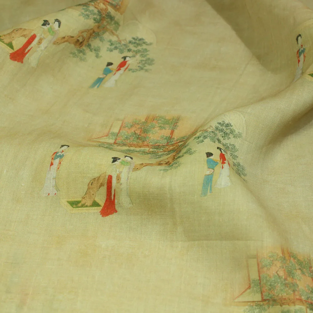 Design High-End Quality Linen Printing and Dyeing Colorful Cloth Light Yellow Maid Figure Dress Robe Clothing Fabric