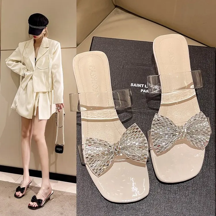 

Female Shoes Glitter Slides Transparent Slippers Square heel Med Butterfly-Knot Fashion 2022 Jelly Block Luxury Hoof Heels Butte